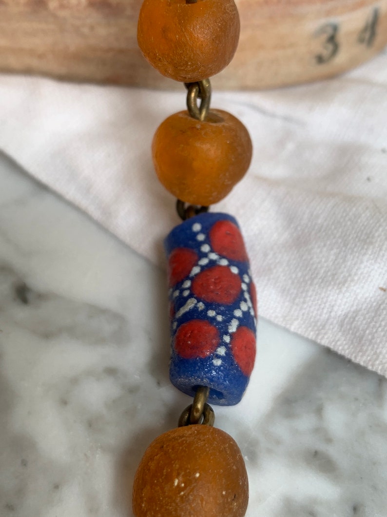 African Glass and Bone Handmade Bead Necklace Gorgeous Hand Painted Brass