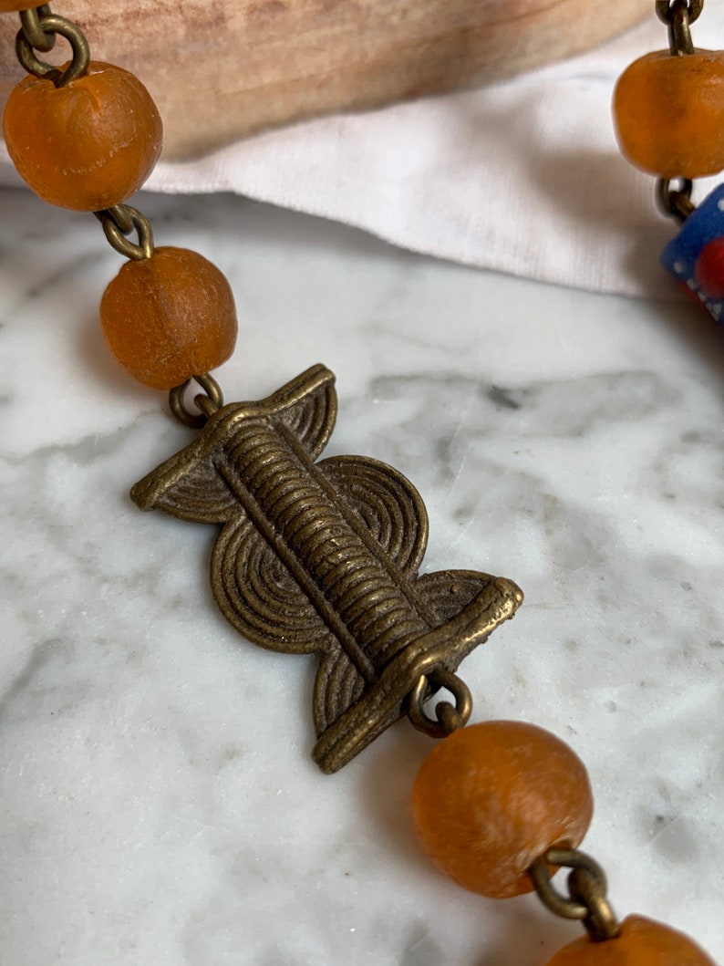 African Glass and Bone Handmade Bead Necklace Gorgeous Hand Painted Brass