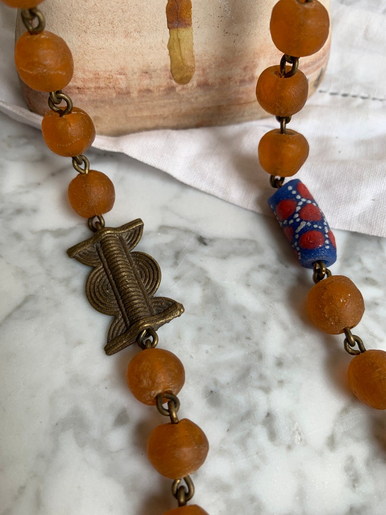 African Glass and Bone Handmade Bead Necklace Gorgeous Hand Painted Brass