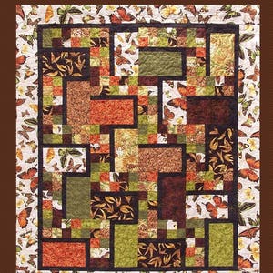 May include: A quilting pattern called "Flim-Flam" by Pressed For Time Quiltworks. The pattern features a colourful patchwork design with a variety of fabrics, including brown, green, orange, and white. The pattern is described as "A Fat-Quarter Friendly Pattern".