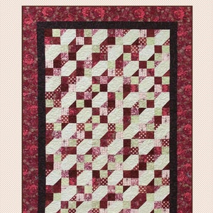 Peut inclure: Un modèle de courtepointe appelé "Promises Kept" par Pressed For Time Quiltworks. Le motif présente une courtepointe rouge, blanche et verte avec une bordure noire. La courtepointe est composée de carrés et de rectangles. Le texte "A Fat-Quarter Friendly Pattern" est en bas de l'image.