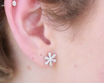 Flower Stud Earrings, Daisy Earrings, Rose Gold Flower, CZ Diamond Gold Flower Earrings, 925 Sterling Silver Dainty Stud, Minimalist Jewelry