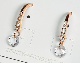 Clear Crystal Drop Earrings, Gold Dangle Earrings, Tiny Gold Drops, Sterling Silver Hoops, CZ Diamond Bridesmaid Gifts, Rose Gold Jewelry