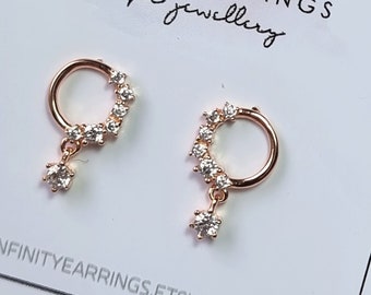 Minimal Hoop Stud Earrings, CZ Diamond Minimalist Dangle Earrings, Rose Gold Circle Stud Earrings, Tiny Sparkling Hoop Stud Earrings