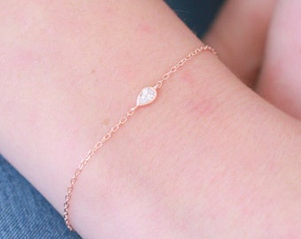Teardrop Sterling Silver Bracelet, Rose Gold Bracelet, CZ Mini Teardrop Bracelet , Classic Chain , Minimal Everyday Jewelry - Adjustable