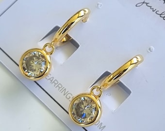 6mm CZ Diamond Earrings, Dangle Hoop Earrings, Rose Gold Drop Earrings, 925 Sterling Silver Modern Huggie Hoop in Yellow Gold Rose Gold