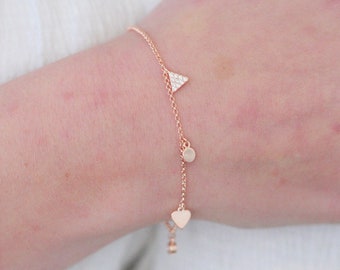 Tiny Charm Minimal Bracelet , Geometric Bracelet, Teardrop, Crystal Triangle, Yellow Gold Adjustable, Heart Charm, Dainty Jewelry