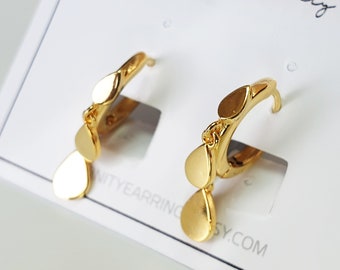 Disc Huggie Hoop Earrings in Sterling Silver, Tiny Disc Dotted Hoops, Rose Gold Teardrop Charm Hoops , Yellow Gold Delicate Hoops Dangle