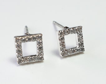 Square Earrings, Unisex Stud Earrings, Open Square Silver Stud Earrings, Simple Geometric Studs, CZ Cubic Zirconia Pave Earrings