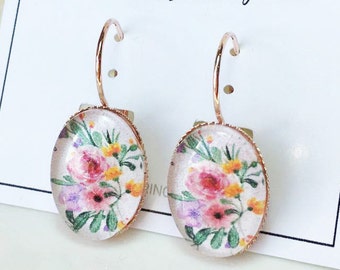 Rose Gold Drop Earrings,Flower Gold Drop Earrings, Floral Earrings, Flower Cabochon Earrings, Romantic Gift,Gift for wife, Flower Jewelry