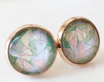 Green Earrings,Green Studs Earrings,Light Green Earrings,Rose Gold Studs,Rose Gold Glass Cabochon Stud Earrings,Modern Jewelry, Gift for her