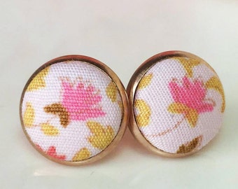Fabric Earrings, Floral Flower Earrings, Pink Flower 12 mm Stud Earrings ,Lady Handmade Rose Gold Button Cabochon Earrings, Retro Jewelry