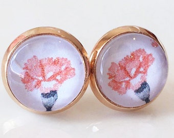 Orange Flower Earrings,Carnation Earring,Rose Gold Earrings,Coral Pink Flower Earrings, Glass Dome Earrings,Flower Girls Dainty Earrings