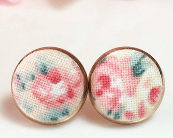 Flower Fabric Earrings, Pastel Floral Earrings, Rose Gold Flower Clip On Earrings, Flower Jewellery ,Clip on Non Pierced Earrings Sweet Gift