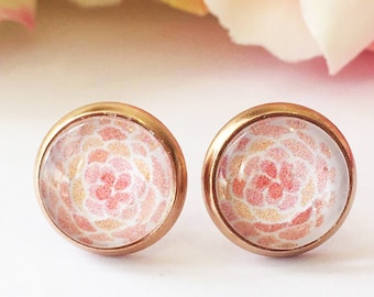 Pink Stud Earring,Rose Gold Flower Earrings, Rose Gold Studs,Rose Gold Glass Dome Studs,Cabochon Earrings,Minimalist Earrings,Gift for her