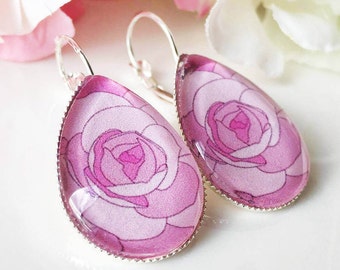 Rose Earrings, Pink Rose Earrings, Pink Drop Earrings, Pink Flower Earrings, Sweet Rose Jewelry, Glass Dome Drop Lever Back Earrings,Gift