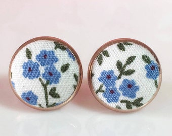 Flower Fabric Earrings,Fabric Earrings, Rose Gold Stud Earrings, Blue Flower Earrings, Button Earrings, Gift For Her, Vintage Flora Jewelry