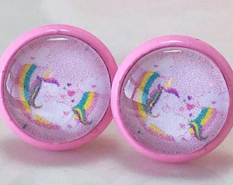 Unicorn Earrings, Unicorn Studs, Pink Stud Earrings, Rainbow Unicorn Earrings, Miniature Earrings, Cute Gift for girls,Glass Earrings Stud
