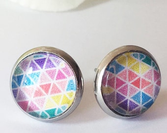 Silver Glass Dome Earring, Circle Studs, Colorful Earrings, Geometric Studs, Glass Cabochon Stud Earrings, Minimal Seamless Pattern Stud