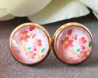 Red Flower Earrings, Cherry Blossom Earrings, Rose Gold Flower Stud, Glass Cabochon Earrings, Spring Flower Studs, Sakura Flower gift