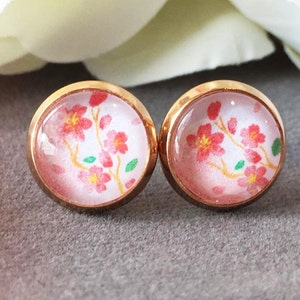 Red Flower Earrings, Cherry Blossom Earrings, Rose Gold Flower Stud, Glass Cabochon Earrings, Spring Flower Studs, Sakura Flower gift