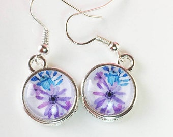 Purple Flora Earrings,Flower Dangle Drop Earrings, Silver Flower Earrings, Romantic Earrings,Her Flower Jewellery, Wife Gift ,Gift for mum