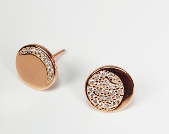 Rose Gold Disc Earrings, Crystal Disc Earrings, Gold Round Studs, Sterling Silver Flat Disc Studs, Circle Pave CZ Diamond Mismatched Studs