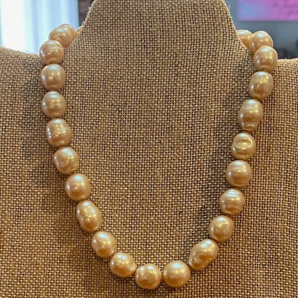 Vintage 1970's Freshwater Baroque Pearl Necklace with silver and crystal clasp.  Choker.  Champagne colored.