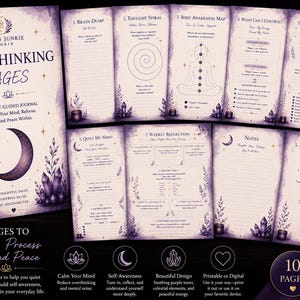 May include: A 10-page guided journal titled Overthinking Pages by Stress Junkie Studio, featuring purple-toned celestial and crystal illustrations. The pages include prompts for brain dumping, thought spirals, body awareness, and weekly reflections.
