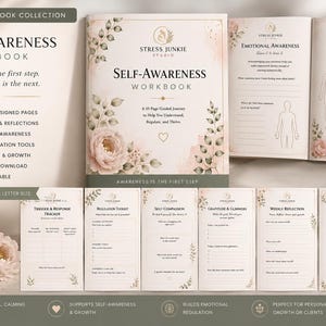 May include: A 10-page self-awareness workbook collection featuring a cover with floral illustrations and the text Self-Awareness Workbook. The set includes guided prompts, reflection pages, a body awareness map, and trackers for triggers, regulation, and gratitude.