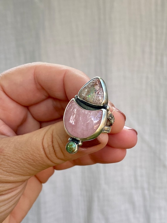 Sterling Silver Triple Stone Ring: Morganite, Opal, Turquoise – Hand Stamped Band Size 5
