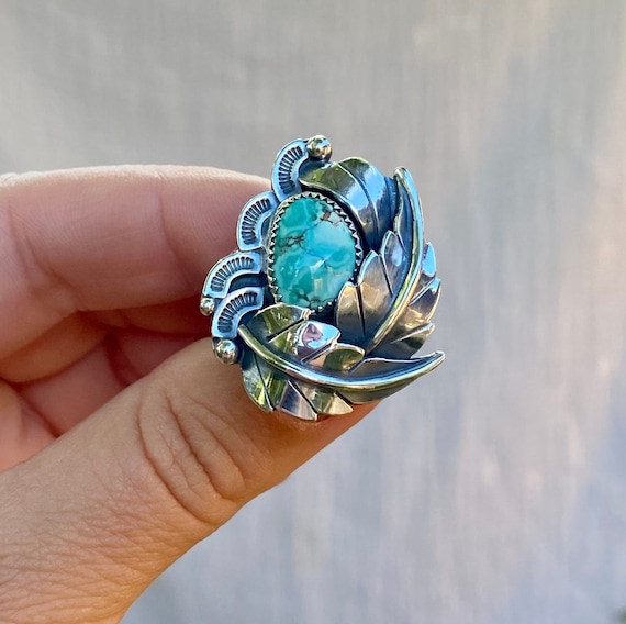 Handmade Sterling Silver Royston Turquoise Ring – Botanical Leaf Design (Size 9)