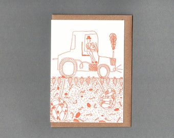 Tractor Greetings Card. Letterpress. Rachel Cannings Collection.