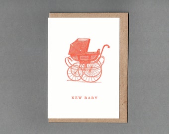 New Baby. Congratulations Card. Vintage Pram. Letterpress Card. Historical print. Archives. Unlock History.