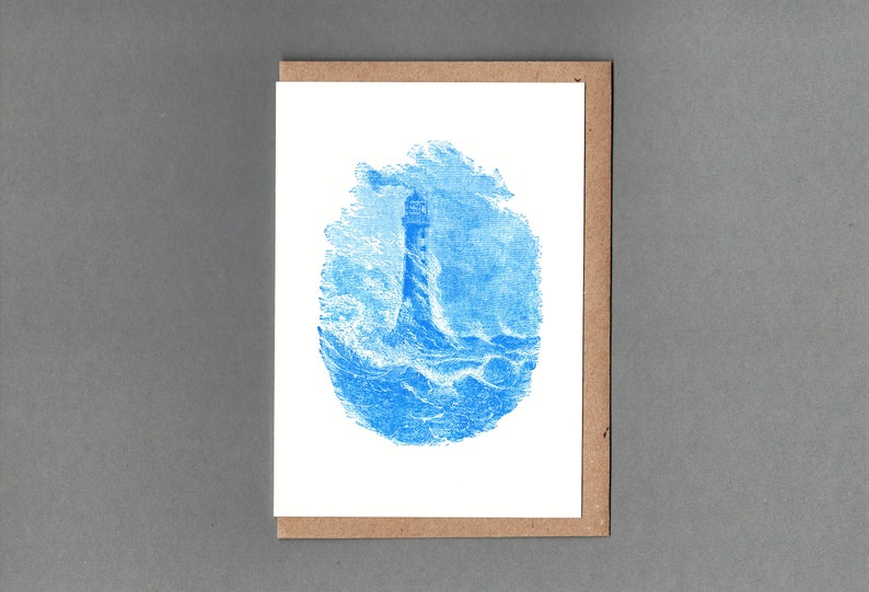 Lighthouse. Bell Rock Lighthouse in a storm. Letterpress Card. Historical print. Archives. History. Unlock History. image 1