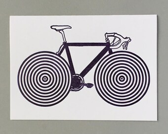 Bicycle. Spokes Illusion. Move in a circular motion and spokes will appear. Letterpress Card. Historical print. Archives. Unlock History.