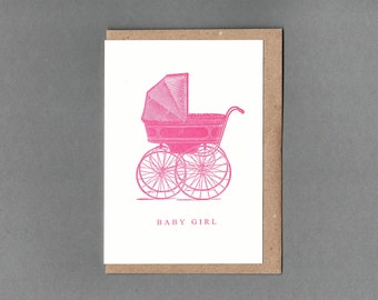 Baby Girl. Congratulations Card. Vintage Pram. Letterpress Card. Historical print. Archives. Unlock History.