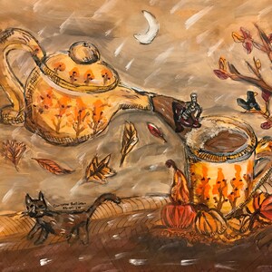 Könnte beinhalten: Ein Gemälde, das eine Teekanne zeigt, die Tee in eine Tasse gießt. Die Teekanne und die Tasse sind mit einem Herbstmuster aus orangefarbenen und braunen Bäumen verziert. Der Hintergrund ist eine braune und weiße Landschaft mit fallenden Blättern und einem Halbmond. Das Gemälde ist signiert mit "Danielle Sullivan 07-01-18".