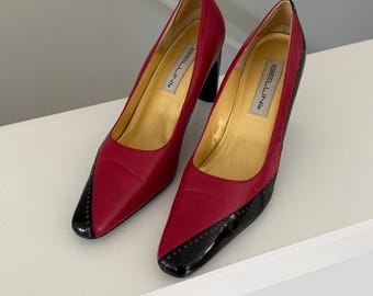 Décolleté vintage Bellini bicolore in pelle rossa e nera, taglia 11 M