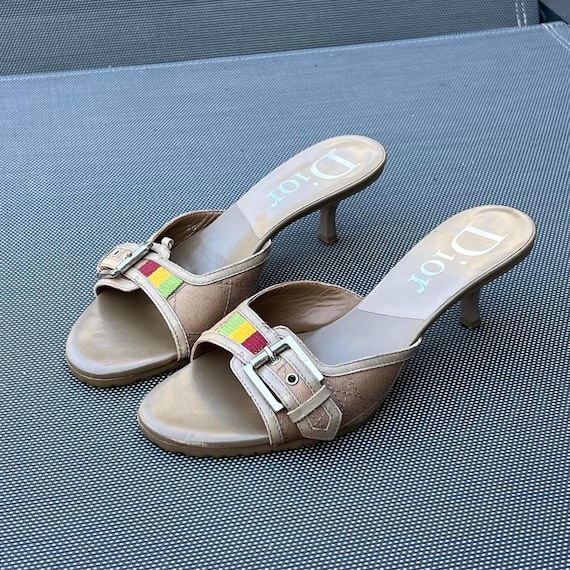 Vintage Dior 2004 Rasta Mule Heels: Beige Leather, Striped Accents