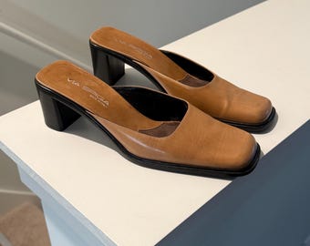Via Spiga Italian Leather Mule Pumps: Brown Square-Toe, Black Block Heels (Size 8.5)
