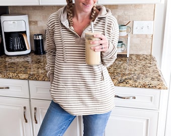 Beige Striped Henley Hoodie- Mothers Day Gift - Mom Gift - New Mom Gift - Striped Hoodie - Striped Sweatshirt - Beige Sweatshirt - Hoodie