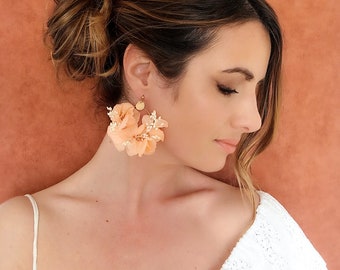 Peach hydrangea flower hoop earrings gold plated wedding