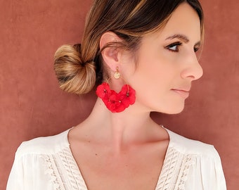 Boucles d'oreilles fleurs stabilisées hortensia rouge