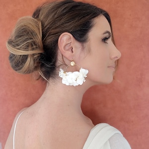 White hydrangea flower hoop earrings for wedding, gold plated