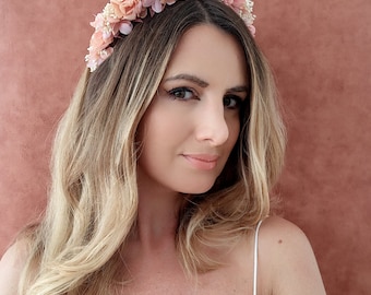 Flower tiara for bride, bridesmaids, ceremony with real peach pink flowers.