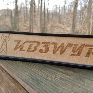 Sycamore wood custom engraved desk plate with radio tower, ham radio call sign, real wood!