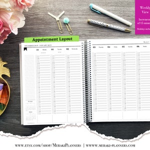 May include: Open weekly planner with appointment layout, December 2018 - January 2019. The planner has increments of 15 minutes and includes holidays. The planner is open to a week view with a spiral binding. The background includes pens and decorative items.
