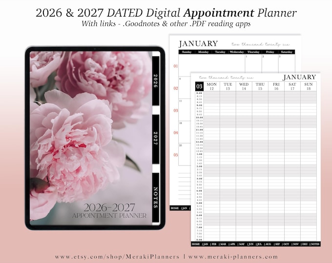 Digital Appointment Planner 2026 - 2027 | 2 Years - Salon Planner Appointment Book - Peonies III
