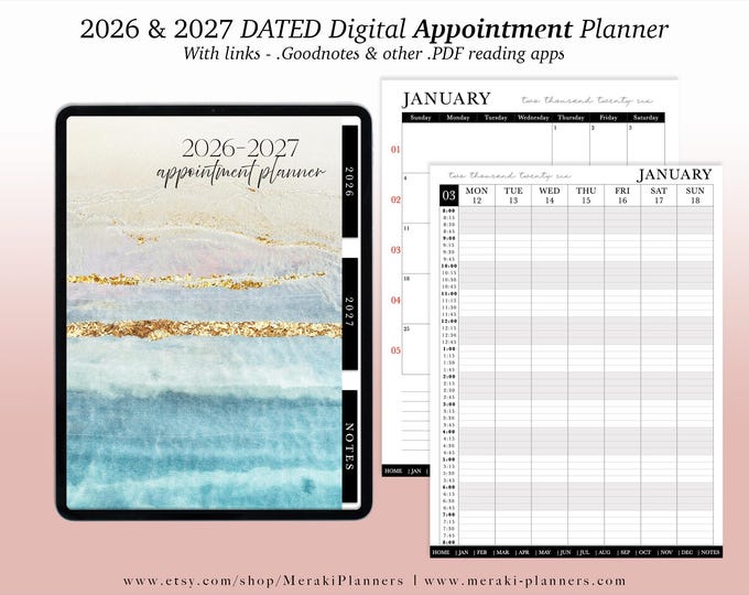 NEW Digital Appointment Planner 2026 - 2027 | 2 Years - Salon Planner Appointment Book -Waves II